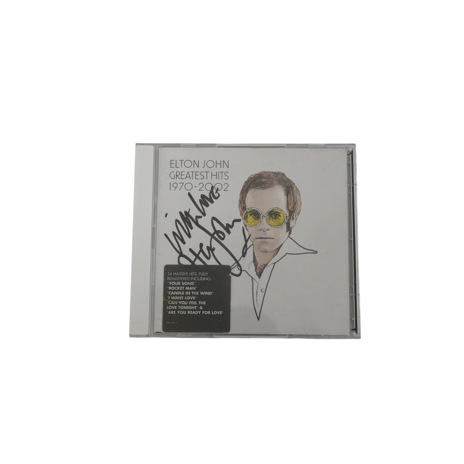 A signed Elton John CD; Greatest Hits 1970-2002, signed to the cover of the booklet in black ink, purchased at charity auction from Rachael Watkyns of the Tiny Box Company as a fundraiser to support makers of fair trade